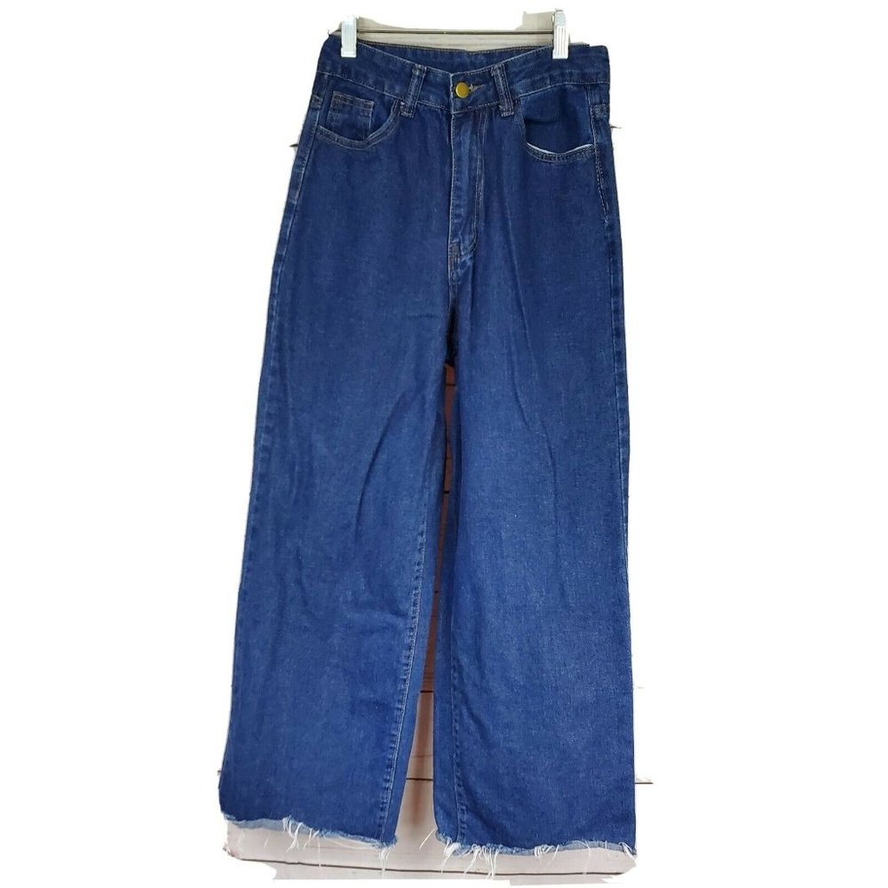 Shein Womens Raw Hem High Rise Blue Wide Leg Jeans Size S US 4